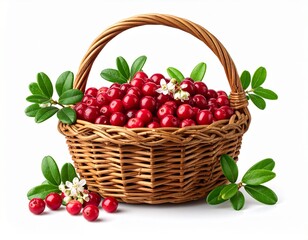 Basket Full Of Lingonberries With Leaves And Flowers, Abundance And Freshness Harvest Concept, Generative AI