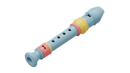 A colorful plastic recorder viewed at an angle on a white background, ready for music practice or education.