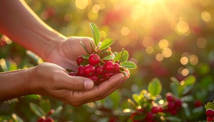 Hands Holding Fresh Lingonberries, Sustainable Harvesting and Abundance Concept, Generative AI