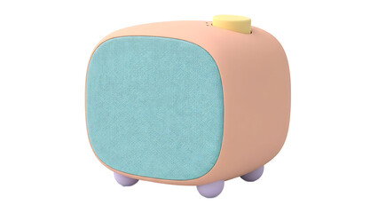 A pastel pink retro-style radio with a blue speaker grille sits on three small legs