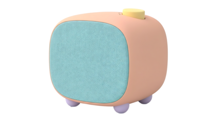 A pastel pink retro-style radio with a blue speaker grille sits on three small legs