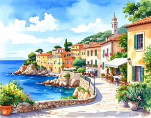 hand drawn watercolor painting of beautiful Mediterranean town. landmark painting
