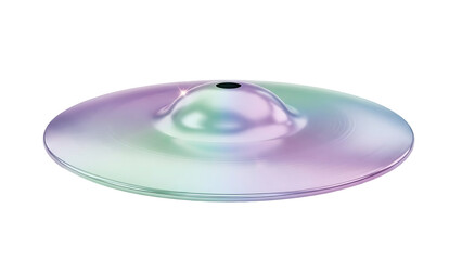 A shiny iridescent cymbal sits on a plain background with a subtle sheen.