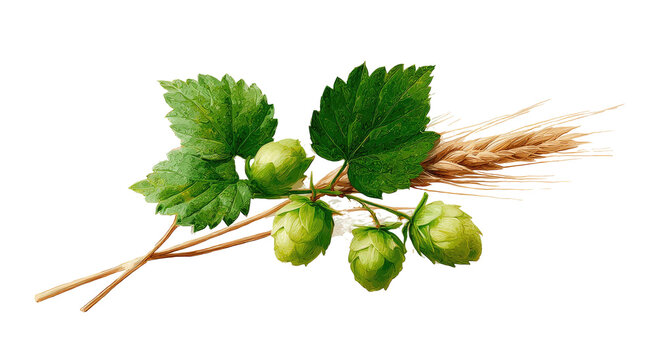 Close-up studio shot of hop flowers, leaves, and golden wheat stalks against a black backdrop
