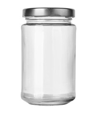 Empty glass jar with metal lid on transparent background