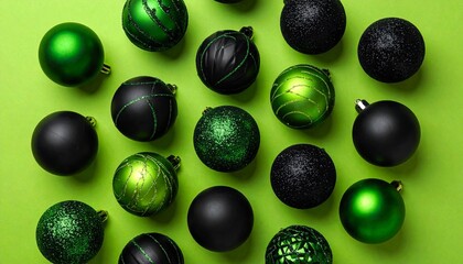 Christmas ornaments in green and black with matte, glossy, glitter, and marbled textures on green surface.