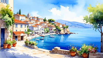 hand drawn watercolor painting of beautiful Mediterranean town. landmark painting