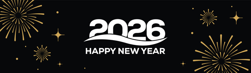 Festive black banner with bold white 2025 Happy New Year typography, surrounded by elegant golden fireworks and sparkling stars, perfect for holiday greetings, celebrations, party invitations. © bibin
