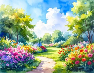 hand drawn watercolor painting of garden flowers. Landscape painting with blooming 