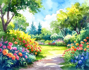 hand drawn watercolor painting of garden flowers. Landscape painting with blooming 