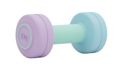 A colorful dumbbell with pastel colors is showcased against a plain white background without distractions.