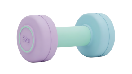 A colorful dumbbell with pastel colors is showcased against a plain white background without distractions.