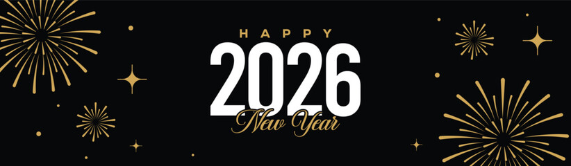 Festive black banner with bold white 2025 Happy New Year typography, surrounded by elegant golden fireworks and sparkling stars, perfect for holiday greetings, celebrations, party invitations. © bibin