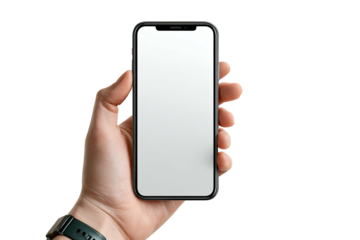 A hand holding a smartphone with a blank white screen against a black background