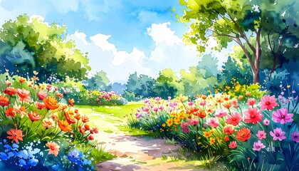hand drawn watercolor painting of garden flowers. Landscape painting with blooming 