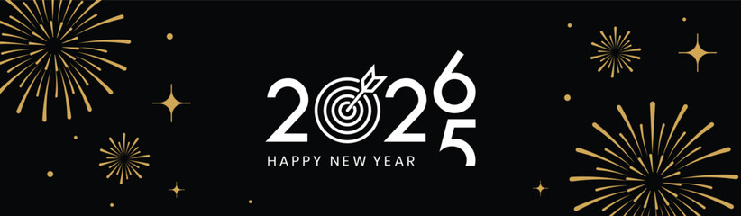 Festive black banner with bold white 2025 Happy New Year typography, surrounded by elegant golden fireworks and sparkling stars, perfect for holiday greetings, celebrations, party invitations. © bibin