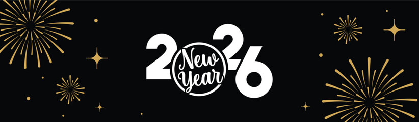 Festive black banner with bold white 2025 Happy New Year typography, surrounded by elegant golden fireworks and sparkling stars, perfect for holiday greetings, celebrations, party invitations. © bibin