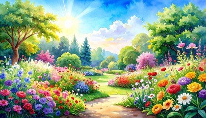 hand drawn watercolor painting of garden flowers. Landscape painting with blooming 