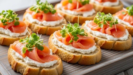 Crostini with creamy cheese, smoked salmon, and microgreens served on a wooden tray. Gourmet appetizer, food blogs, restaurant menus, catering visuals, and culinary branding.