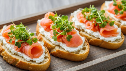 Crostini with creamy cheese, smoked salmon, and microgreens served on a wooden tray. Gourmet appetizer, food blogs, restaurant menus, catering visuals, and culinary branding.