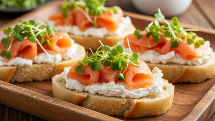 Crostini with creamy cheese, smoked salmon, and microgreens served on a wooden tray. Gourmet appetizer, food blogs, restaurant menus, catering visuals, and culinary branding.