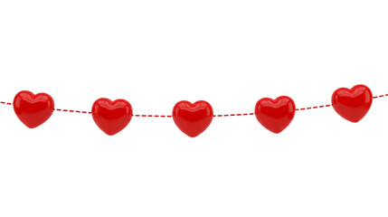 Five Shiny Red Hearts Garland Hanging Decoration Isolated on Transparent Background