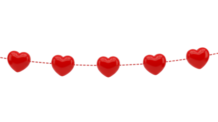 Five Shiny Red Hearts Garland Hanging Decoration Isolated on Transparent Background