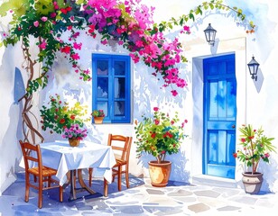 hand drawn watercolor painting of Greek restaurant. Architectural painting with buil