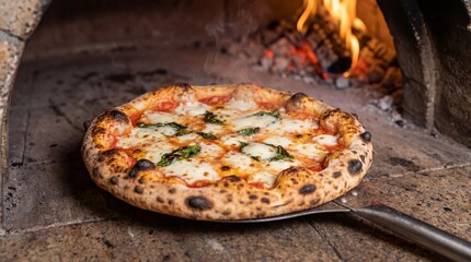 Fresh Neapolitan Pizza on Peel Inside Wood Fired Brick Oven