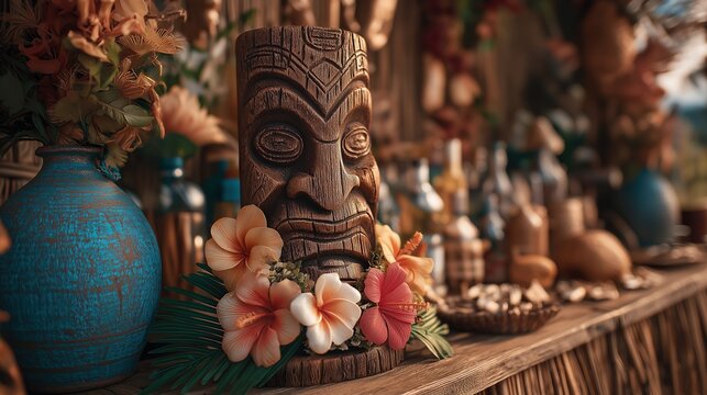 Carved Tiki Mask with Tropical Flower Lei
