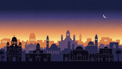 Middle Eastern cityscape silhouette at dusk featuring diverse architectural styles and a crescent moon in the twilight sky perfect for travel and cultural themes