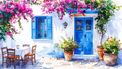 hand drawn watercolor painting of Greek restaurant. Architectural painting with buil