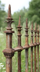 Naklejka premium An aged, rusted iron fence stands amidst lush greenery, featuring intricate pointed tops, ideal for adding a vintage touch to design projects or as a backdrop in photography,