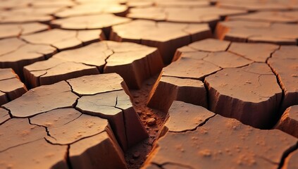 Closeup of extremely cracked dry reddishbrown earth with deep fissures under warm soft lighting