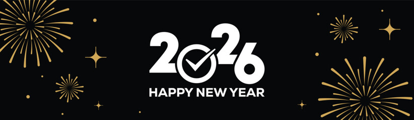 Festive black banner with bold white 2025 Happy New Year typography, surrounded by elegant golden fireworks and sparkling stars, perfect for holiday greetings, celebrations, party invitations. © bibin