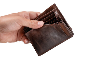 A close-up shot of an open, empty leather wallet held by a person