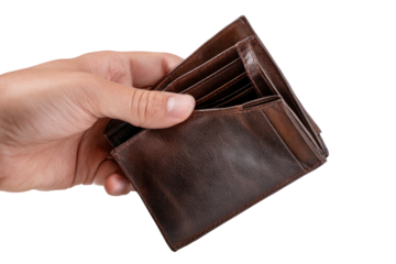 A close-up shot of an open, empty leather wallet held by a person