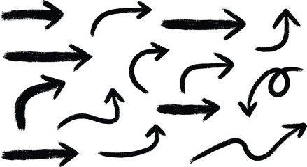 A collection of black arrows pointing in different directions on a white background