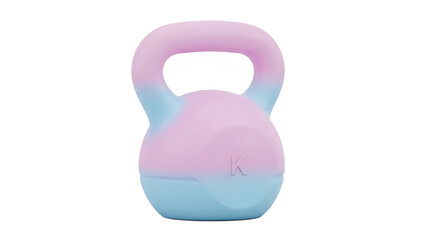 A vibrant kettlebell with pastel colors is displayed against a plain white background, showcasing its unique design and functionality for fitness enthusiasts.