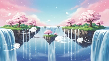 Fantasy landscape with waterfalls and pink trees.