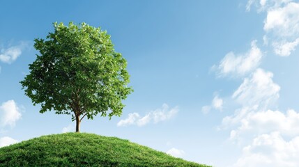 A solitary tree stands atop a lush green hill under a bright blue sky with fluffy clouds, ideal for themes of nature, growth, and tranquility in presentations, blogs, or environmental projects,
