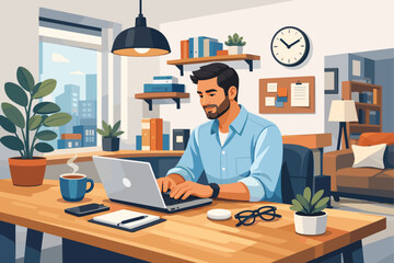 Fototapeta premium Man Working on Laptop in Modern Home Office