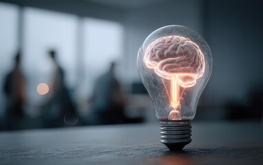 Creativity brainstorming concept with a glowing light bulb with a brain inside with workers blurred in background working for new ideas. High quality. High quality