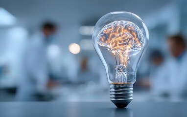 Creativity brainstorming concept with a glowing light bulb with a brain inside with workers blurred in background working for new ideas. High quality. High quality