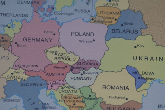 Map detail showing Baltic states Lithuania Latvia and Estonia near Russia and Belarus. Geopolitical concept for eastern european security NATO border defense and diplomatic tension