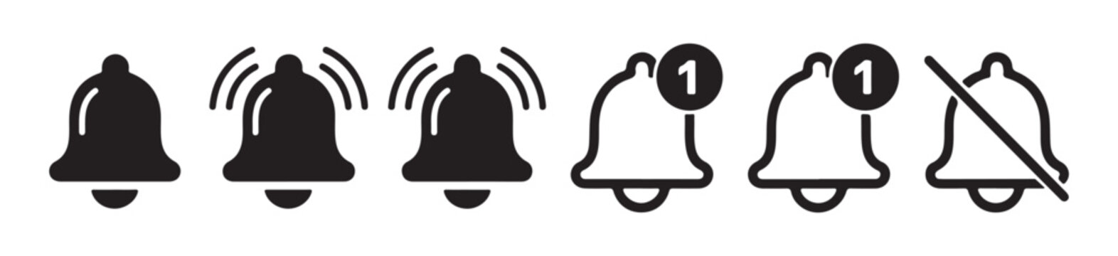 Notification bell icons set for social media and application alerts and reminders
