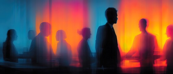 Business presentation with silhouettes of people in the conference room, blurred background with colorful gradient light effects. Abstract business concept with copy space. Exposure of two overlapping