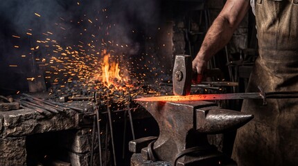 Blacksmith Hammering Glowing Sword Blade on Anvil with Sparks in Forge