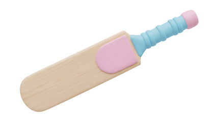 A pastel-colored cricket bat with pink and blue handle lies on a white background.