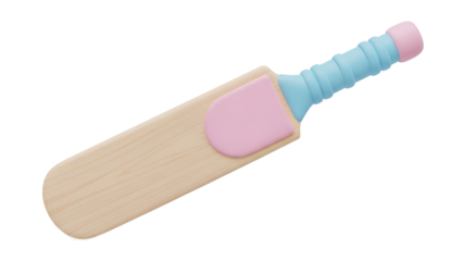 A pastel-colored cricket bat with pink and blue handle lies on a white background.